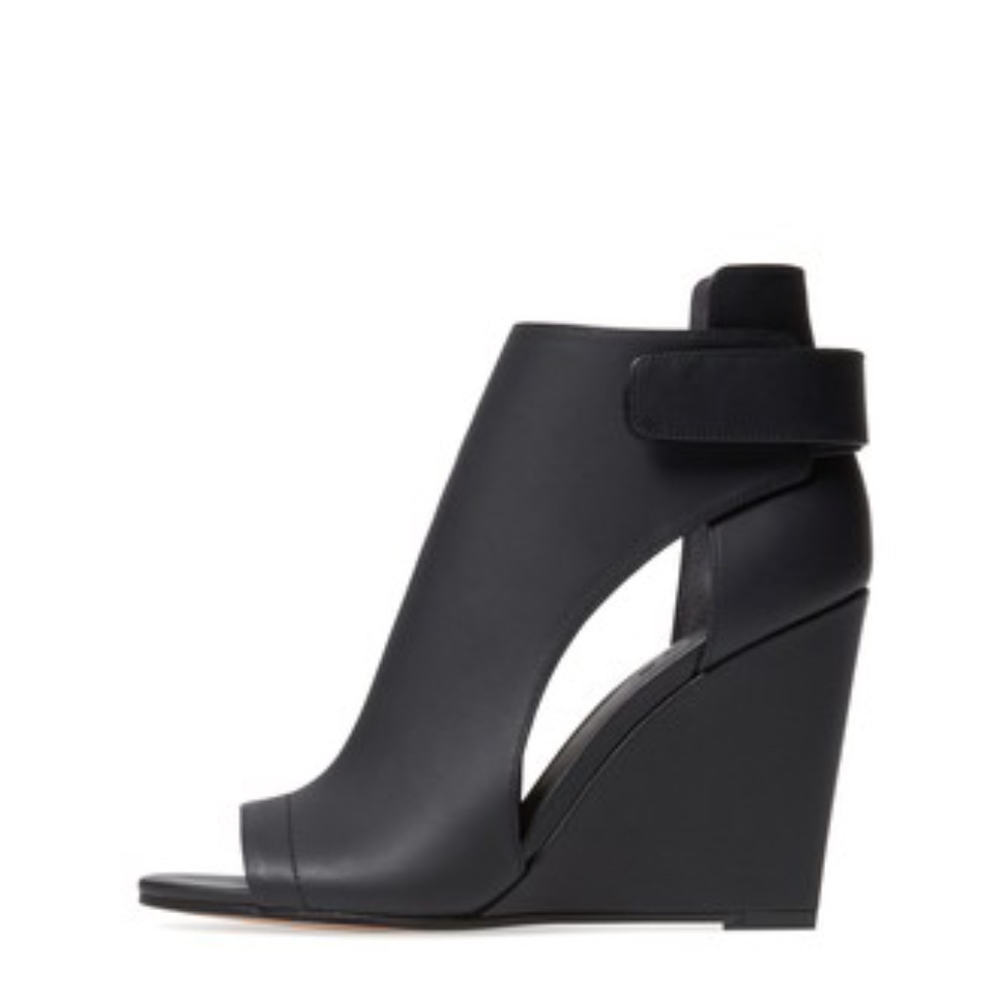 VINCE Black leather cutout ankle wedge